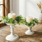 Rustic Iron Pillar Candle Holder: White Farmhouse Candle Holder with Greenery Wreaths Set of 2, Elegant Large Candle sticksholder Decor for Wedding, Coffee Table Centerpieces, Living Room, Home Decor