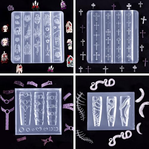 Laza 4pcs Gothic Silicone Nail Art Molds, 3D Rose, Snake, Bones, Cross, Collar, Skull Exquisite Silicone Nail Accessories with Carving Pen Resin Nail Art Mold Manicure Tools for DIY Salon Nail Design - color: Skull rose