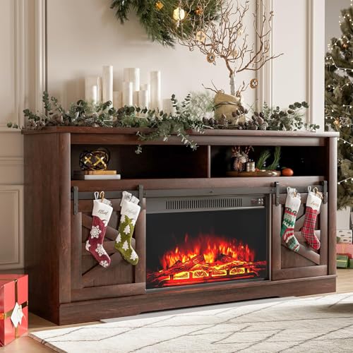 YESHOMY Fireplace TV Stand for Television up to 65+ Inch with Storage and Farmhouse Sliding Barn Doors, Entertainment Center with Cabinet and Shelves, Media Console for Living Room, Dark Brown - color: Dark Brown, style: Sliding Barn Doors Fireplace TV St
