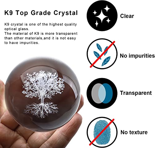 H&D Hyaline & Dora 70mm Tree of Life Clear Crystal Ball with Stand, K9 Glass Decorative Crystal Ball, 3D Laser Fengshui Home Decoration - color: 70mm Tree of Life