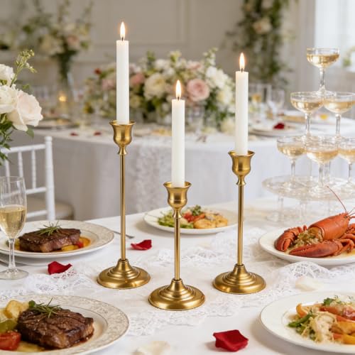 Gold Brass Candlestick Holders Set of 3-Elegant Taper Candle Holders for Holiday Ambience,Party,Date&Home Decoration