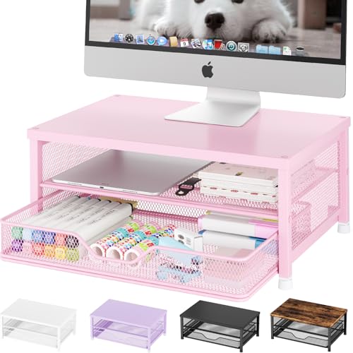 OPNICE Computer Monitor Stand Riser, Desk Organizer with Drawer, Laptop Stand, Office Desk Accessories & Workspace Desktop Organizers Storage for Office Supplies(Pink) - color: Pink