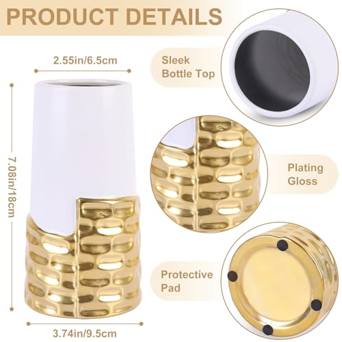 LCCCK 7.0" Gold Hammered Vase Home Decor, Elegant Ceramic White and Gold Flower Vase for Pampas Grass Decorative, Boho Small Cylinder Vases Centerpiece, Dining Table Living Room Jarrones Art - color: White and Gold