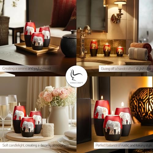 IYARA CRAFT 3 Wooden Candle Holders– Decorative Candle Holders with Inlaid Aluminium Antique Elephant – Intricate Details – Matte Wood Finish – Ideal for Modern & Rustic Settings (Rugby Shape)