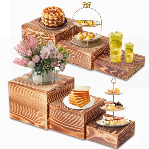 Garvee 6 Pack Wooden Risers Display Stands, 5/6/7/8/9/10 in Square Wood Cake Cupcake Stands, Buffet Food Risers, Decorative Wooden Crates for Party, Wedding, Christmas Decor, Brown
