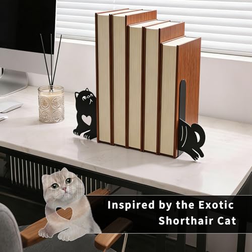 Book Ends, 1 Pair Cute Cat Metal Bookends, Creative Decorative Book Holders for Home Office Bookshelf, Cat Lovers Gifts, Library Desk Book Stopper for Shelves, Exotic Shorthair - style: Exotic Shorthair