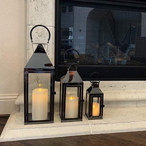 Allgala 3-PC Lantern Set 24 Inch Jumbo Deluxe Modern Indoor/Outdoor Candle Lantern Set Black Stainless Steel Frame Tempered Glass Pyramid Top for Garden Poolside Fireplace Wedding - color: Pyramid Top Black