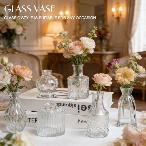 Petal Petite Glass Vase Set of 6 Small Clear Glass Bud Vases, Mini Vintage Flower Vases for Wedding Centerpieces & Table Décor, Champagne Vases in Bulk for Single Stem, Home and Office Decor - color: Clear