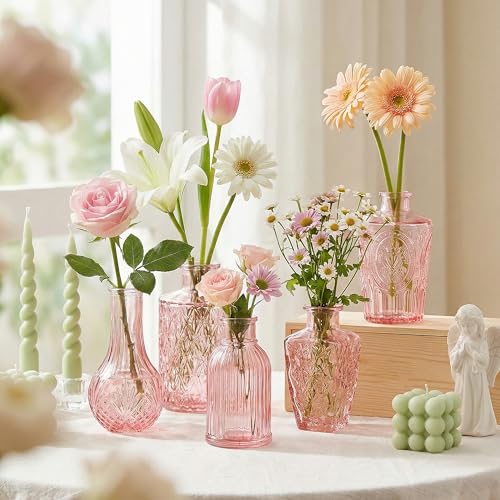 Glass Bud Vases in Bulk Set of 17, Pink Small Mini Vases for Flowers, Vintage Vase for Centepiece,Wedding, Table Decor, Baby Shower, Christmas, Home and Events - color: Pink