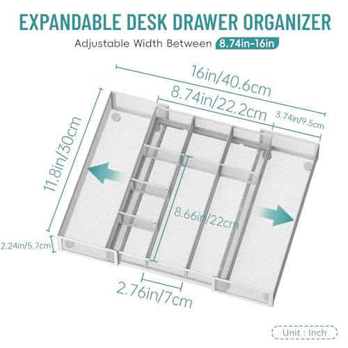 Expandable Desk Drawer Organizer Tray with 10 Adjustable Compartments, Metal Mesh Office Drawer Organizer, Versatile Desk Organizer for Home, School Supplies, Makeup Vanity & Jewelry (White) - color: White