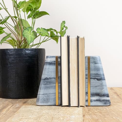Main + Mesa Modern Marble Bookends with Brass Detail, Set of 2, Grey - color: Black