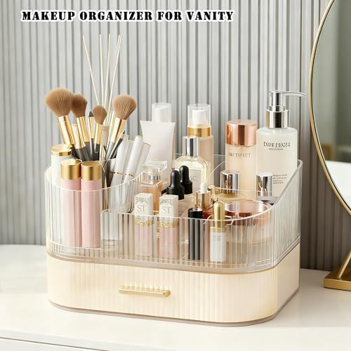 Makeup Organizer Countertop with 360 Rotating Brush Holder, Make Up Organizers For Vanity With Drawer, Bathroom Countertop Skincare Organizer And Storage - size: 2-layer