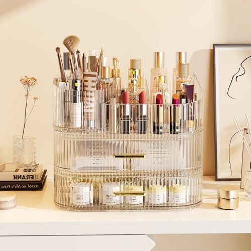 Makeup Organizer with Drawers and 360° Rotating Brush Holder, Large Capacity Cosmetic Storage for Vanity, Skincare, Perfume, Hair Accessories, Lipstick & Jewelry (Clear, 3-layer) - color: Clear, size: 3-layer