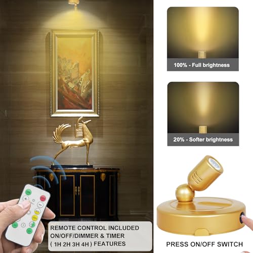 HAMVIDNE Indoor Spotlight, Battery Operated Spotlights with Remote, Picture Lights for Wall, Plant Tree Spotlight with Timer, Up Lights for Art Display Dartboard Painting Artwork Accent Frames-Gold - color: Gold