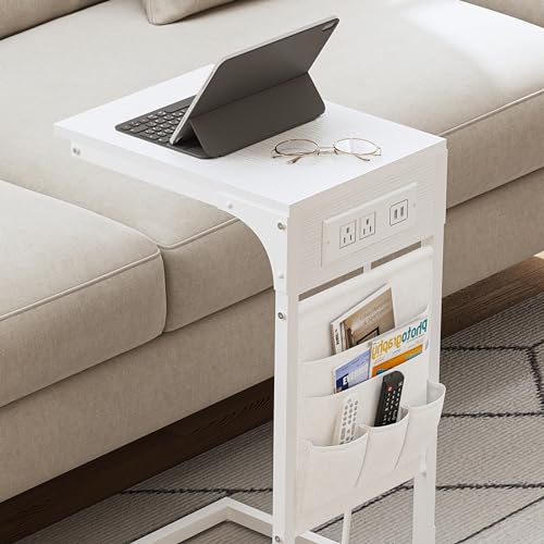 TUTOTAK C Shaped End Table with Charging Station, Side Table for Sofa, Couch Table with Storage Bag, TV Tray Table with 2 USB Ports and Outlets for Living Room, Bedroom, White TB01BW024 - color: White, size: 1 Pack (11.8"W), style: With Plug