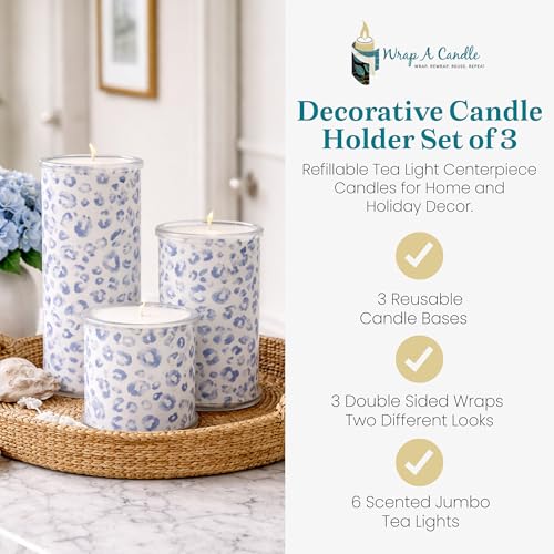 Decorative Candle Holder Set of 3 Home Decor, Reusable Interchangeable Pillar Candle System Decorative Wraps, Refillable Tea Light Centerpiece Candles for Holiday Decor, Table Styling & Gift Giving - color: Cool Neutrals