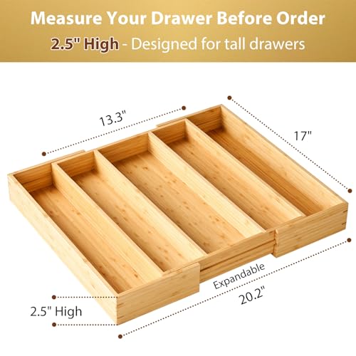 Umilife Expandable Kitchen Drawer Organizer, 2.5" High Bamboo Utensils Silverware Tray, Adjustable Large Deep Wood Organization Holder - style: For Utensil (13"~20" x 17")