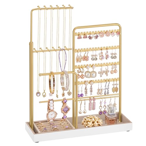 SONGMICS Jewelry Holder, Jewelry Storage Organizer Stand with Metal Frame, Velvet Tray, 12.1 to 18.7 Inches Tall Height Adjustable Necklace Holder, for Rings, Earrings, Pale Gold UJJS026A01 - color: Pale Gold