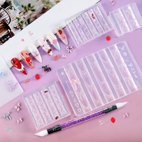 Laza 4pcs Silicone Nail Art Molds, Acrylic 3D Strawberry Bowknot Cherry Nail Charms Molds Clear Modeling Templates Fruit Pattern Nail Tools with Sculpture Pen for Salon Nail Design Resin Epoxy DIY - color: Cherry strawberry