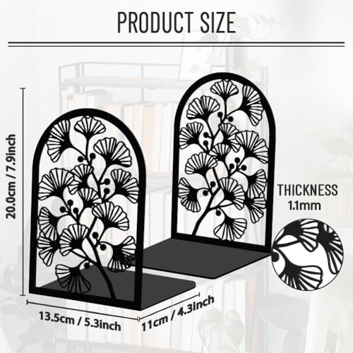WADORN 1 Pair Botanical Leaf Decorative Bookends Ginkgo Leaf Heavy Duty Metal Book Ends Black Novelty Book Holder Stopper for Home Office Bookshelf Library Desk Decoration 5.3x4.3x7.9 Inch - color: Ginkgo Leaf