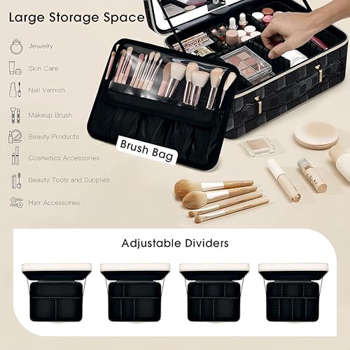 Leather Makeup Case with LED Lighted Mirror 11.4 Inch Travel Makeup Bag Adjustable Brightness in 3 Colors Cosmetic Organizer Artist Storage Bag with Dividers Brush Holder Bag Vanity Black Checkerboard - color: WD-Black Checkerboard 11.4 Inch, size: 2-Medi