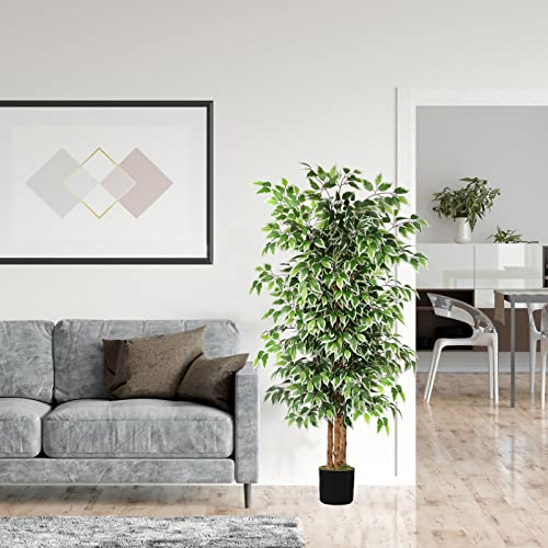 GTIDEA 6ft Artificial Tree Ficus, Tall Faux Trees Indoor with Natural Trunk and Fake Silk Tree Fake Plants for Home Spring Decor Living Room Outdoor Balcony House Office (Included Dried Moss) - color: 6ft Ficus Tree