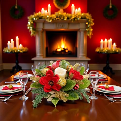 18" Centerpiece with Flameless LED Candle Holder, Design with Red Artificial Magnolia, Gold Baubles & Spruce Branches for Holiday Decor (Red) - color: Red