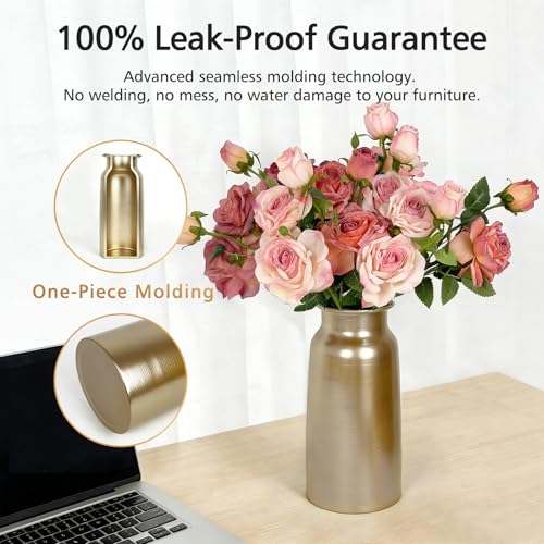 Set of 2 Champagne Gold Seamless Metal Flowers Vase Decor, 10.8" Tall Modern Matte Gold Floral Vase Pair, Shatterproof Leakproof, Elegant Home Decor Centerpiece for Table, Mantle, Shelf - color: Light Gold
