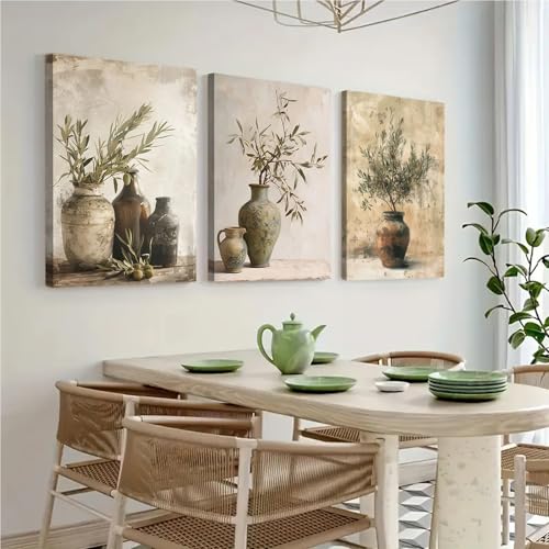 Vintage Vase Canvas Wall Art Prints Green Rustic Olive Branch Wall Decor Pictures Antique Still Life Plant Posters Paintings Artwork for Living Room Bedroom Kitchen Home Decoration 12x16in framed - color: canvas, size: 16L" x 12W"