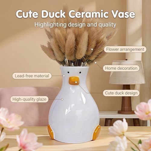 Handmade Ceramic Duck Vase - Modern Tabletop Fun Vase - Suitable for Dried Flowers, Tulips, Roses, Lilies & Pampas Grass - Cute Animal Centerpiece for Home, Wedding, or Gift - color: White