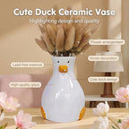 Handmade Ceramic Duck Vase - Modern Tabletop Fun Vase - Suitable for Dried Flowers, Tulips, Roses, Lilies & Pampas Grass - Cute Animal Centerpiece for Home, Wedding, or Gift - color: White