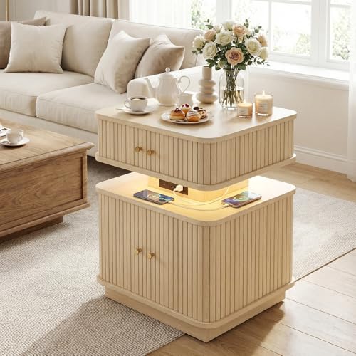 LED Light End Table with Charging Station, Oak Mid Century Bedside Table with USB Type A C Ports, Small Fluted Accent TV Control Nightstand with 2 Sliding Door for Living Room, Curvy Edge - color: Oak