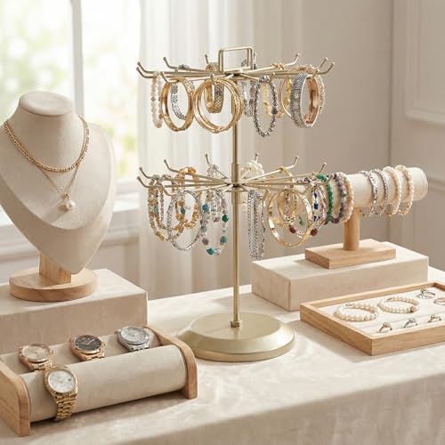 MyGift 2 Tier Brass Metal Jewelry Stand Rotating Necklace and Bracelet Organizer with 24 Hooks for storage, Multipurpose Accessory and Decorative Keychain Spinning Display Rack for women - color: Brass (2 Tier)