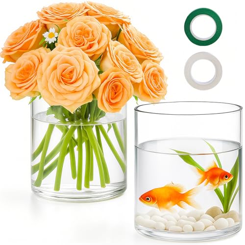 TBWIND 2Pcs Glass Cylinder Vases for Centerpieces, 6" x 4.7" Wide Mouth Flower Vase Hurricane Glass Candle Holders, Clear Vases Bulk with 2 Floral Tapes for Floating Candles Wedding Party Home Decor - size: 6" x 4.7" Wide Mouth