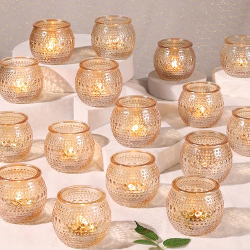 16 Pcs Gold Tea Light Candle Holders, Round Votive Candle Holders with Polka Dot Embossed, Gold Table Centerpiece for Weddings, Home Decor, Baby Shower, Special Occasions - color: Gold