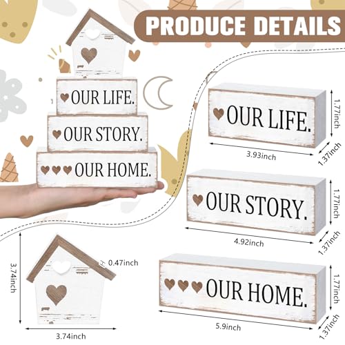 Cinnvoice 4 Pcs Farmhouse Tabletop Decor Rustic Family Blessed Home Table Centerpiece This Is Us Sign for Kitchen Shelf Desk Fireplace Mantel Tiered Tray Decor(Distressed Our Life Story Home) - style: Distressed Our Life Story Home