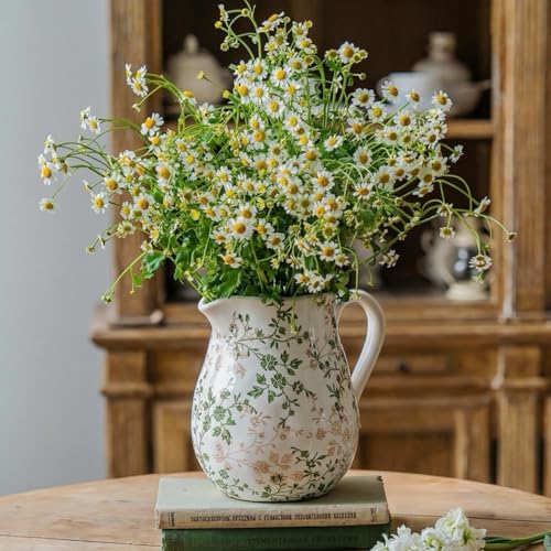 Ceramic Green and White Floral Vase with Handle, Rustic Farmhouse Pitcher Flower Vase, Chinoiserie Floral Vase for Home Decor, Living Room, Shelf, Office, Rustic Table Centerpiece 8 Inch - color: Green and White, size: Large Pitcher