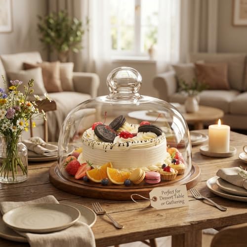 QWORK Glass Dome Cloche with Acacia Wood Tray – 7" Cover for Cakes, Cheese & Table Display