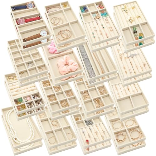 Landical 32 Pcs Jewelry Tray Velvet Stackable Jewelry Organizer Trays Drawer with Divider Earring Ring Necklace Display (Beige)