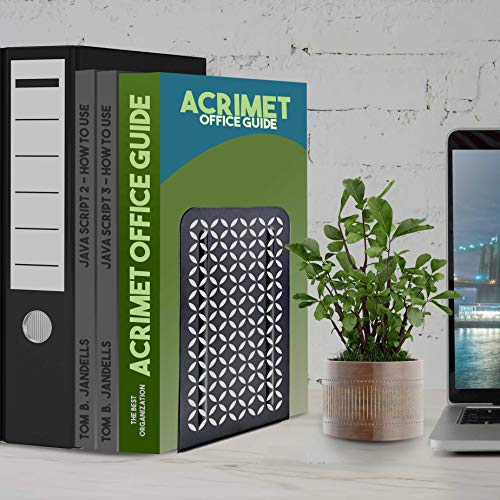 Acrimet Metal Bookends, Non-Skid Book Stand for Shelves, Heavy Duty Book Stopper, 6-7/8" H x 4" W x 4-1/2“ D, (Black Bookends with Silver Design), 1 Pair - color: Black Bookend With Silver Design, size: 10 cm X 11,5 cm X 17,5 cm