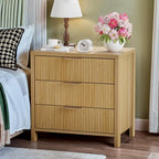 Fluted Nightstand, 23.7'' Wide Night Stand with 3 Drawers, Mid-Century Modern Bedside Table with Handles, Wood End Table for Bedroom, Oak - color: Oak