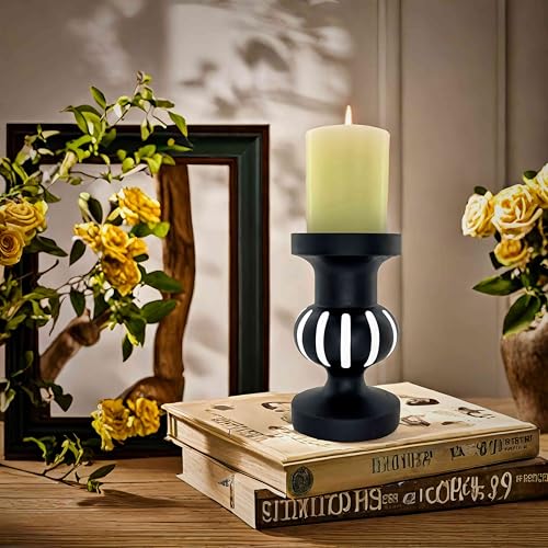 Wooden Candle Holders Pillar,Vintage Seaside Pillar Stand for Dining Table Centerpiece, Coffee Table, Mantel, Or Any Table Top，Free Standing Farmhouse Candle Holders. - color: Black-02