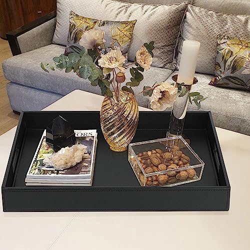 HofferRuffer Rectangle Serving Tray with Hole Handles for Coffee Table, Breakfast, Tea, Food, Butler - Countertop, Kitchen, Vanity Serve Tray, 16.2 x 12.2 x 2 inches, Faux Leather Tray (Black) - color: Black, size: 16.2" x 12.2" x 2"