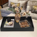 HofferRuffer Rectangle Serving Tray with Hole Handles for Coffee Table, Breakfast, Tea, Food, Butler - Countertop, Kitchen, Vanity Serve Tray, 16.2 x 12.2 x 2 inches, Faux Leather Tray (Black) - color: Black, size: 16.2" x 12.2" x 2"