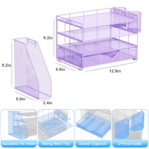 gianotter Desk Organizers and Accessories with File Holder, 4-Tier Desk Accessories & Workspace Organizers with Drawer and 2 Pen Holder, Paper Organizer for Office Supplies (Purple) - color: Purple