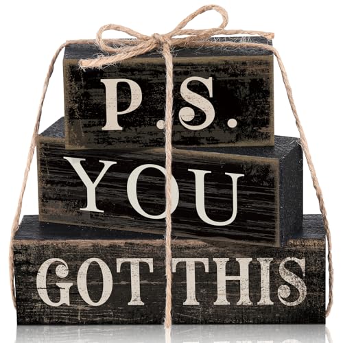 Yuntau 4 Pcs Farmhouse Motivational Office Desk Black Decor P. S. You Got This Wooden Tabletop Inspirational Tiered Tray Decorations Rustic Sign Block Gift for Women Home Kitchen Shelf - style: Got This