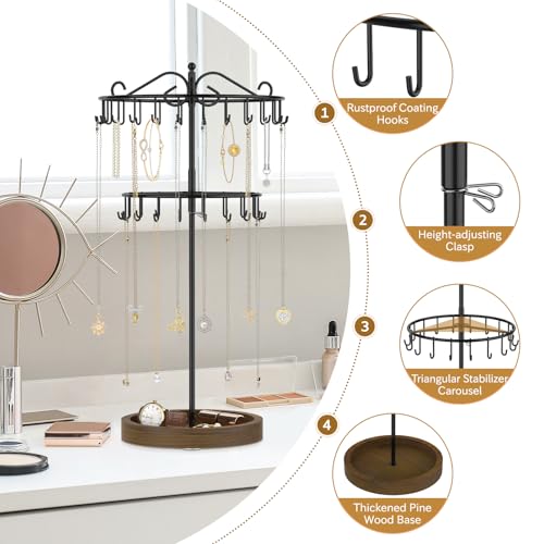 iDavosic.ly 2 Tier Rotating Necklace Holder Organizer with Wooden Jewelry Tray, Adjustable Metal Bracelet Display Stand with 42 Hooks, Extra Tall Keychain Spinning Tree Tower for Women, Black - color: Black with Wooden Tray