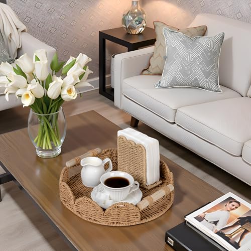 CubesLand Round Scalloped Decorative Centerpiece Tray for Coffee Table, Home Decor, Living Room - Neutral Tray w/Wooden Handle – Warm and Elegant for Holidays, Housewarmings - Candle Plate Holder - color: Neutral, size: 13"