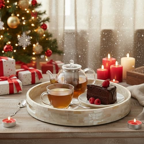 PEMAR 12.6” Mother of Pearl Round Serving Tray with Handles, Decorative Nacred Wooden Ottoman Coffee Table Tray (White Tiles) - color: White