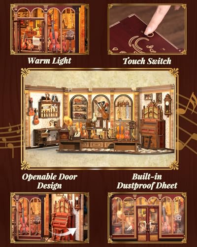 Book Nook Kit, DIY Miniature Music Workshop-Themed, 3D Wooden Puzzle Dollhouse with LED Lights, Bookend & Creative Bookshelf Decor, Craft Gifts for Family and Friends & Music Lovers (Bach Strings) - style: Bach String